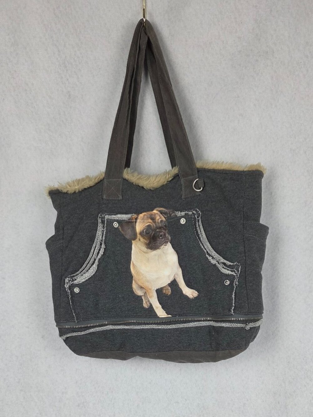 Fuzzynation Pug Tote Bag Gray Jersey Sweatshirt Faux Fur